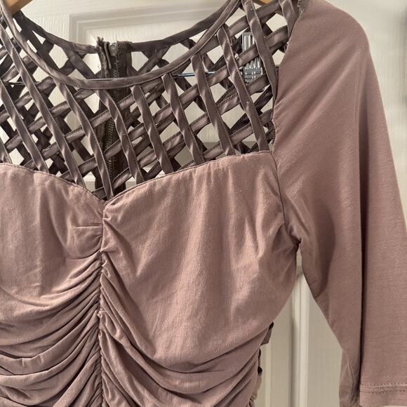 Calla Ruched Lattice Blouse Mauve Cutout Top Clubwear Y2K Stretch sz L - Picture 2 of 7